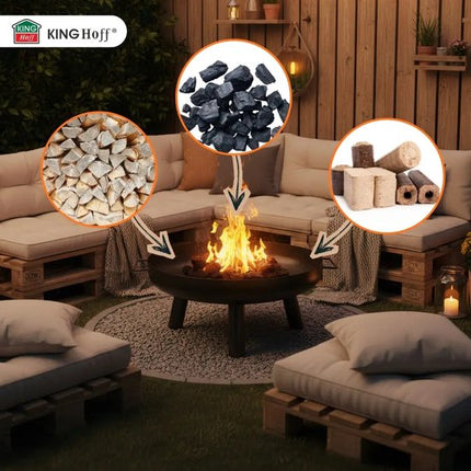 KINGHoff - Vuurkorf - Camping BBQ Vuurkorf - Tuinhaard Buiten Houtskool - Vuurplaats Tuin - Bonfire Fire Pit met Pook - Terras Haard - Metaal - Ø60.5 x 32 cm - Zwart