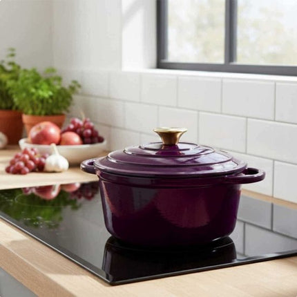 Hage - Kookpan - Gietijzeren Pot met Deksel - Geëmailleerd - Inductie & Oven Geschikt - Inclusief Mini Ovenhandschoenen & Onderzetter - Voor Braden, Stoven, Soep & Brood - 4 Liters - Ø24 cm - Auberginepaars