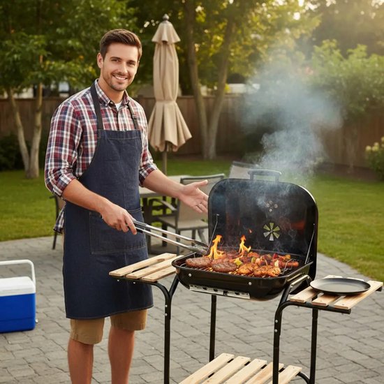 KINGHOFF Houtskoolbarbecue KH-2034 - BBQ met Deksel, Zijtafels en Wielen - 43 x 39,6 cm