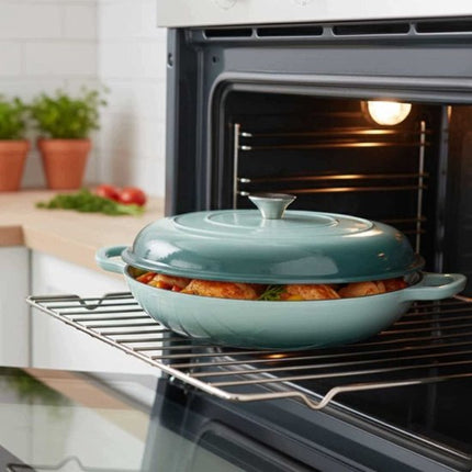 Hage - Braadpan - Lage Gietijzeren Braadpan met Deksel - Geëmailleerd - Oven & Inductie Geschikt - Voor Braden, Stoven en Ovenschotels - 3 Liters - 40.5 x 30 x 10.5 cm - Mintgroen