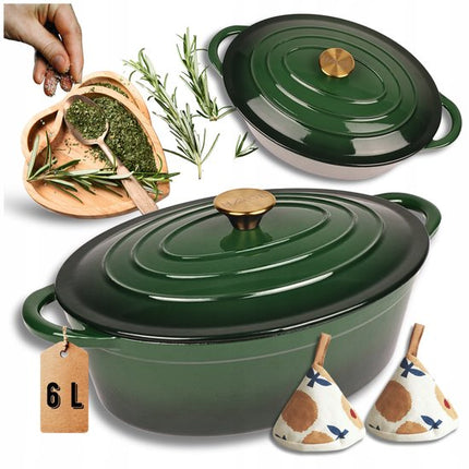 Hage - Gietijzeren Braadslede - Geëmailleerde Ovenbraadpan met Deksel - Voor Braden, Stoven & Ovenschotels - Geschikt voor Inductie, Gas & Oven - Inclusief Pannenhouder & Handbeschermers - 6 Liter - 34 x 26 x 18 cm - Flesgroen