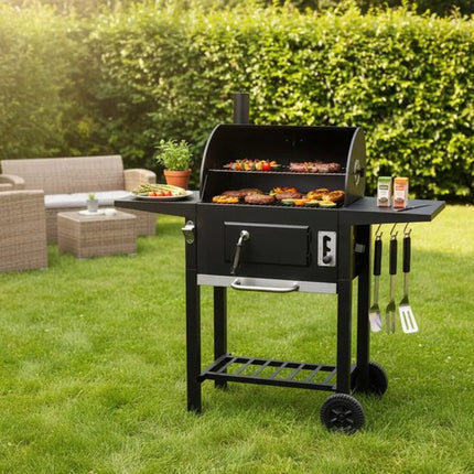 Klausberg Houtskoolbarbecue met Deksel en Thermometer - 42 x 30 cm - Verrijdbare BBQ met Zijtafels