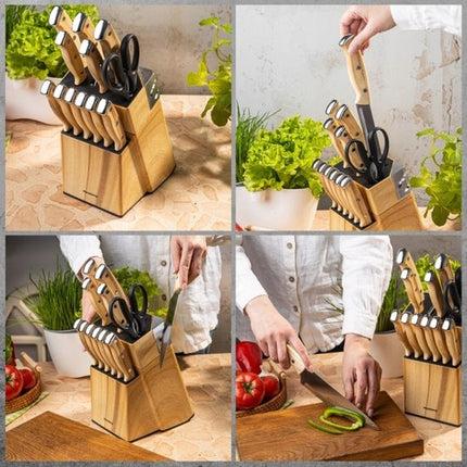 Klausberg - Messenset - 13-Delige - Keukenmessenset - 6 Steakmessen - RVS Keukenmessen - Inclusief Keukenschaar - Keukenaccessoires met Messenblok en Slijper - Houtlook