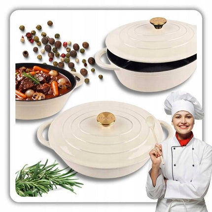 Hage - Gietijzeren Braadpan - Braadpan - Cast Iron Casserole met Deksel - Geëmailleerd - Geschikt voor Inductie & Oven - 6 Liter - 34 x 26 x 18 cm - Crème