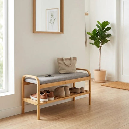 5Five Schoenenrek Bankje - 2-laags - bamboe/kunststof - 90 x 34 x 45 cm - voor 4 paar schoenen