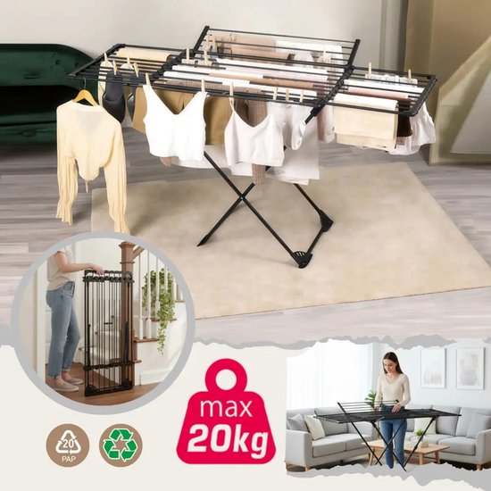 Kinghoff Opvouwbaar Droogrek – Tot 20 kg – 108-180 cm – Zwart