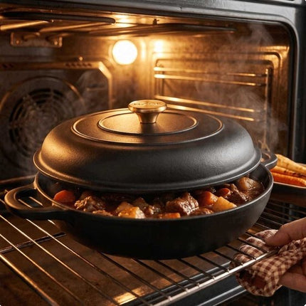 Hage - Braadpan - Lage Gietijzeren Braadpan met Deksel - Geëmailleerd - Oven & Inductie Geschikt - Voor Braden, Stoven en Ovenschotels - 3 Liters - 40.5 x 30 x 10.5 cm - Mat Zwart