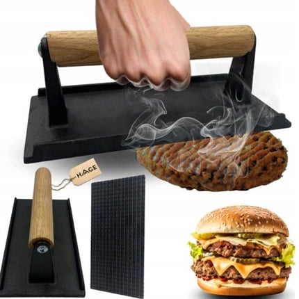 Hage - Hamburgerpers - Gietijzeren Burger Press - Smash Burger Press - Hamburgerpers met Houten Handgreep - Voor BBQ, Grill & Koekenpan - 20 x 10 cm - Zwart