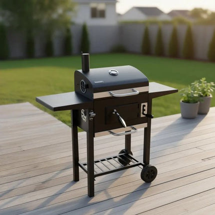 KINGHOFF Houtskoolbarbecue KH-2034 - BBQ met Deksel, Zijtafels en Wielen - 43 x 39,6 cm