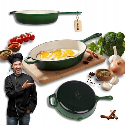Hage - Gietijzeren Koekenpan - Geëmailleerde Bakpan met Hoge Rand - Inductie, Gas, Elektrisch & Ovenbestendig - Voor Bakken en Braden - Gelijkmatige Warmteverdeling - Ergonomisch Handvat - Ø26cm - Flesgroen