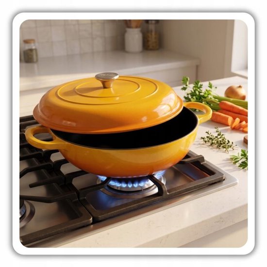 Hage - Braadpan - Lage Gietijzeren Braadpan met Deksel - Geëmailleerd - Oven & Inductie Geschikt - Voor Braden, Stoven en Ovenschotels - 3 Liters - 40,5 x 30 x 10,5 cm - Mosterdgeel