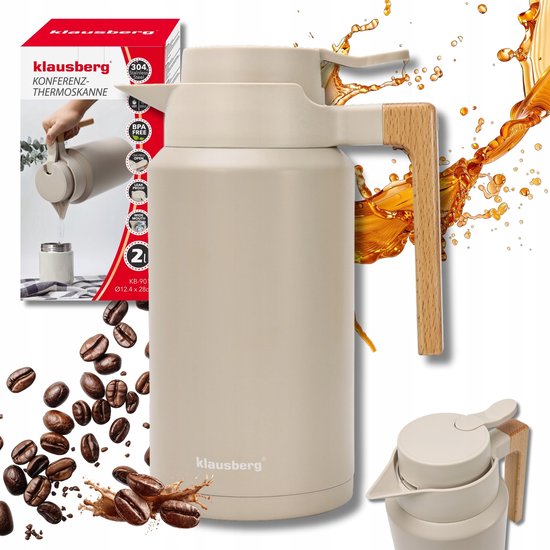 Klausberg vacuüm thermoskan 2 liter beige – RVS 304 met houten handvat
