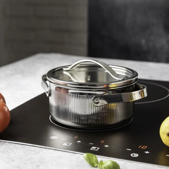 Vcasa kookpan 16 cm met afgietdeksel, 1,5 liter, 304 rvs, tri-ply, zilver