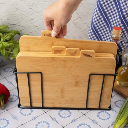 Kinghoff - 4 Delige Snijplank - Snijplanken met Standaard - Keuken Snijplankenset - Vlees, Vis, Gevogelte & Groenten - Bamboe - 28.5 x 20 cm