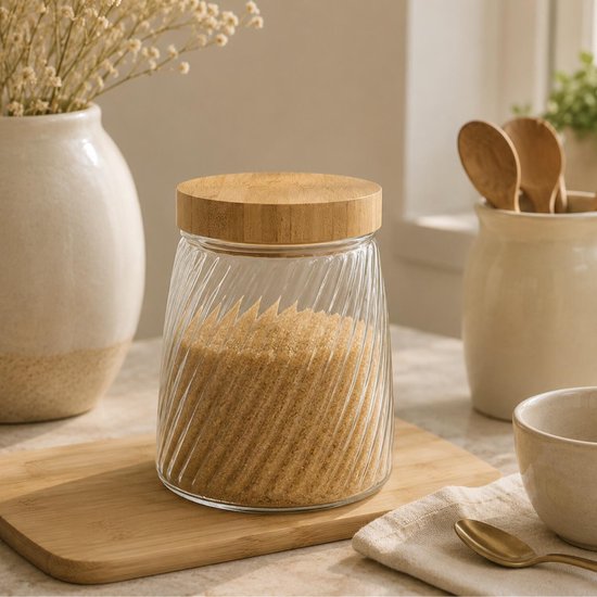 Voorraadpot Food Essentials Ventura - keuken - ribbel glas / bamboe - 1. 3 liter - luchtdichte draaideksel - bewaarpotten - opslagpotten