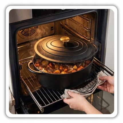 Hage - Braadpan - Geëmailleerde Gietijzeren Braadpan met Deksel - Oven & Inductie Geschikt - Voor Braden, Stoven en Ovenschotels - 6 Liters - 34 x 26 x 18 cm - Mat Zwart
