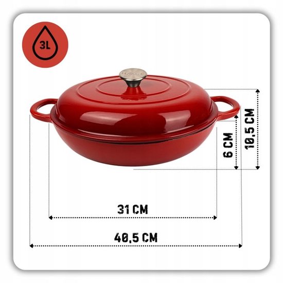 Hage - Braadpan - Geëmailleerde Gietijzeren Braadpan - Cast Iron Casserole - Geschikt voor Inductie, Gas & Oven - Inclusief Pannenonderzetter & Handgreepbeschermers - 3 Liters - Ø30 x 10,5 cm - Rood