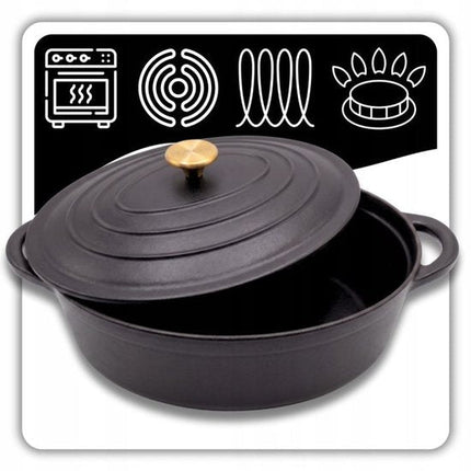 Hage - Braadpan - Geëmailleerde Gietijzeren Braadpan met Deksel - Oven & Inductie Geschikt - Voor Braden, Stoven en Ovenschotels - 6 Liters - 34 x 26 x 18 cm - Mat Zwart