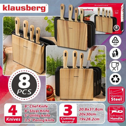 Klausberg - Messenset - 8 Delig - Keukenmessenset - Messenblok met 4 RVS Messen - 3 Snijplanken - Keuken Accessoires met Snijplanken en Houder - Zwart en Natuurlijke Kleur