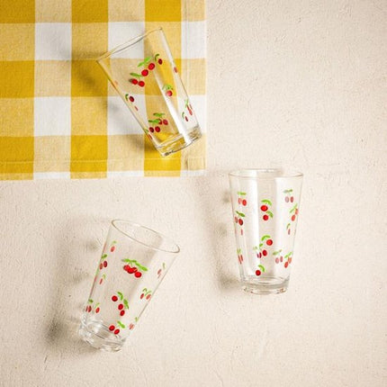 Homla - Drinkglas - Drinkglazen met Kersen Design - Set van 3 - Glazen Waterglazen - Voor Sap, Limonade, Cocktails & Frisdrank - 300 ml - Ø8 x 12 cm - Transparant
