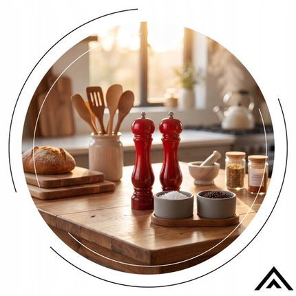 Hage - Rode Keukenset - 3 L Gietijzeren Kookpan met Deksel - 22 cm - Handmatige Zout- en Pepermolens - Set van 2 - Keramisch Maalwerk - Geëmailleerd - Inductie - Oven