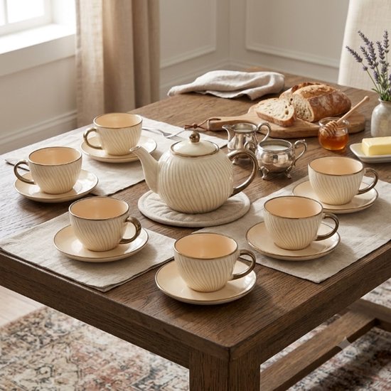 Mok - Ontbijtkom - Keramische Ontbijtbeker - Set van 6 - Grote Koffiemok - Soepkom met Oor - Fajance Kom voor Ontbijt, Muesli en Soep - 420 ml - 14,5 x 11,6 x 7,8 cm - Wit