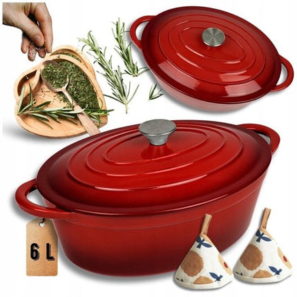 Hage - Braadpan - Geëmailleerde Gietijzeren Braadpan met Deksel - Oven & Inductie Geschikt - Voor Braden, Stoven en Ovenschotels - 6 Liters - 34 x 26 x 18 cm - Rood