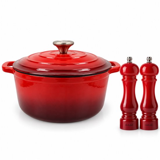 Hage - Rotes Küchenset - 3 L Gusseisen-Kochtopf mit Deckel - 22 cm - Manuelle Salz- und Pfeffermühlen - 2er-Set - Keramikmahlwerk - Emailliert - Induktion - Ofen
