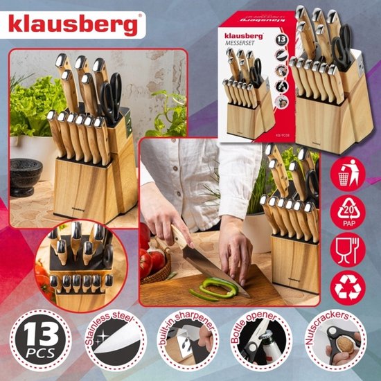 Klausberg - Messenset - 13-Delige - Keukenmessenset - 6 Steakmessen - RVS Keukenmessen - Inclusief Keukenschaar - Keukenaccessoires met Messenblok en Slijper - Houtlook