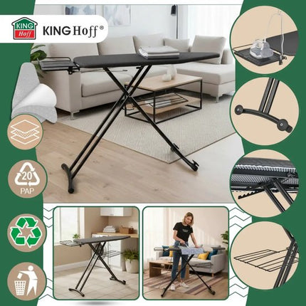 Kinghoff - Strijkplank - Extra Grote Opvouwbare Strijkplank voor Stoomgenerator - Heat Reflect Technologie - Verstelbare Hoogte - Strijkplank met Strijkijzerhouder & Wasrek - Antislip Voeten - 124.5 x 48.3 cm - Zwart
