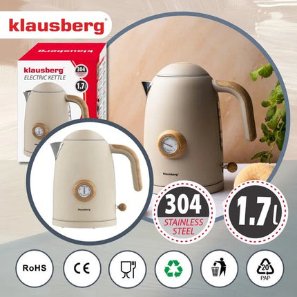 Klausberg - Waterkoker - Retro Waterkoker - Elektrische Waterkoker met Thermometer - Design Waterkoker met Houtkleur - Grote Waterkoker Keuken - Thee & Koffie Koker - 1.7L - RVS - 2200W - Beige