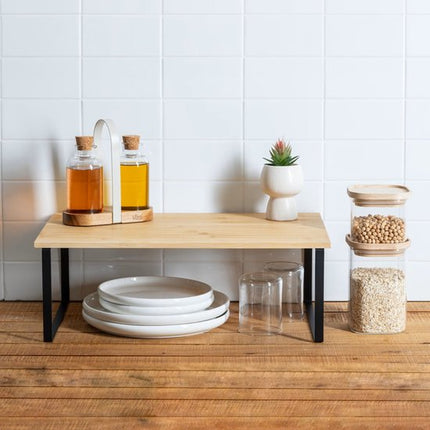5Five Keuken/aanrecht rekje - metaal/bamboe hout - 50 x 30 x 18 cm - keuken organizer - naturel/zwart - verhoger