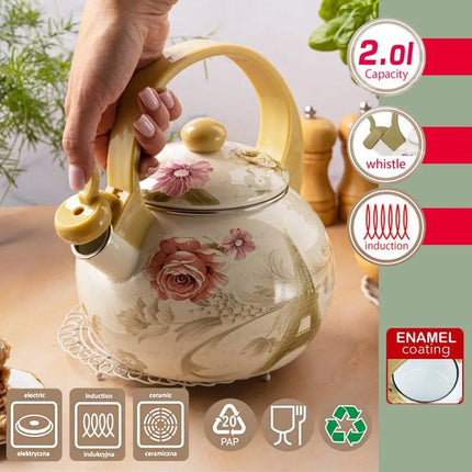 Kinghoff 2038 fluitketel - Emaille - Creme - 2 liter - Paris
