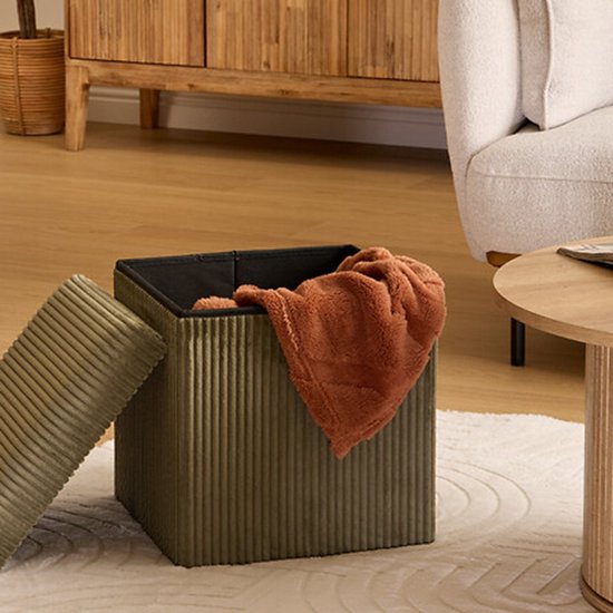 Atmosphera Hocker / Poef Essestial Ribcord - opvouwbaar - groen - MDF / polyester - 38 cm - met opbergruimte - extra zitplaatsen