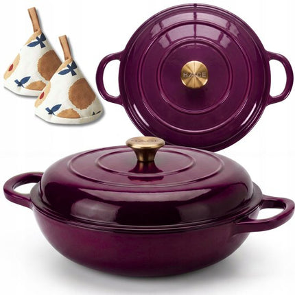 Hage - Braadpan - Lage Gietijzeren Braadpan met Deksel - Geëmailleerd - Oven & Inductie Geschikt - Voor Braden, Stoven en Ovenschotels - 3 Liters - 40.5 x 30 x 10.5 cm - Auberginepaars