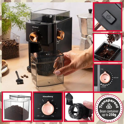 Klausberg - Koffiemolen - Elektrische Koffiemolen - Maalgraad Instelbaar - 250 g Bonenreservoir - Tot 12 Kopjes - Flat Burr Maalwerk - 150W - Zwart/Rose Gold