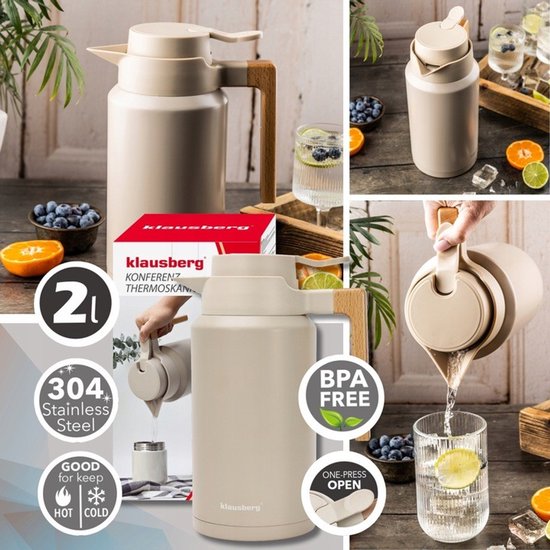 Klausberg vacuüm thermoskan 2 liter beige – RVS 304 met houten handvat – foto 5