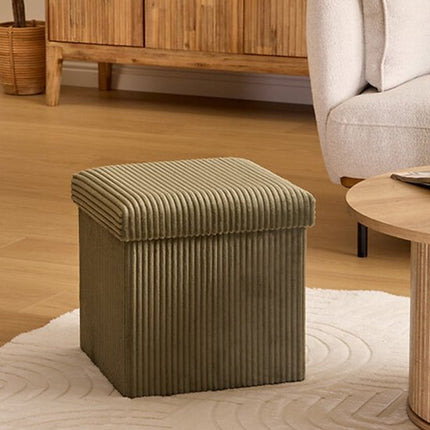 Atmosphera Hocker / Poef Essestial Ribcord - opvouwbaar - groen - MDF/polyester - 38 cm - met opbergruimte - extra zitplaatsen