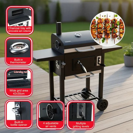 Klausberg Houtskoolbarbecue met Deksel en Thermometer - 42 x 30 cm - Verrijdbare BBQ met Zijtafels