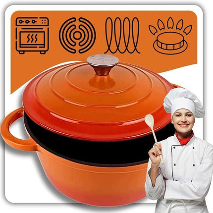 Hage - Kookpan - Gietijzeren Pot met Deksel - Geëmailleerd - Inductie & Oven Geschikt - Inclusief Mini Ovenhandschoenen & Onderzetter - Voor Braden, Stoven, Soep & Brood - 5 Liters - Ø26 cm - Oranje