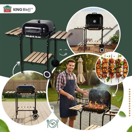 KINGHOFF Houtskoolbarbecue KH-2034 - BBQ met Deksel, Zijtafels en Wielen - 43 x 39,6 cm