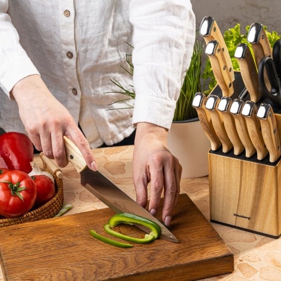 Klausberg messenset 13-delig met messenblok en slijper – 6 steakmessen, houtlook – foto 4