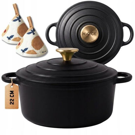 Hage - Gietijzeren Kookpot - Geëmailleerde Braadpan met Deksel - Geschikt voor Inductie, Gas & Oven - Stoofpan, Sudderpan & Bakpan - Inclusief Pannenhouder & Beschermende Handvatten - 3 Liters - Ø22 x 13 cm - Matte Zwart