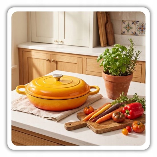 Hage - Braadpan - Lage Gietijzeren Braadpan met Deksel - Geëmailleerd - Oven & Inductie Geschikt - Voor Braden, Stoven en Ovenschotels - 3 Liters - 40,5 x 30 x 10,5 cm - Mosterdgeel