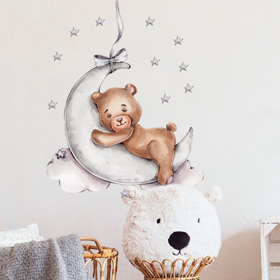Sipo Wandsticker Beer op de Maan - Zelfklevende Ruimte Muurdecoratie voor Kinderkamer - 72 x 57 cm - Space Wandsticker met Sterren en Maan