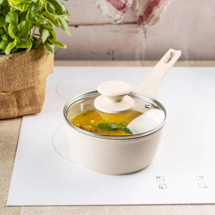 Klausberg - Pannenset - Koekenpan 24cm & Steelpan 16cm met Deksel - Marble Anti-aanbaklaag - Inductie Geschikt - Aluminium Kookgerei Set - Crème