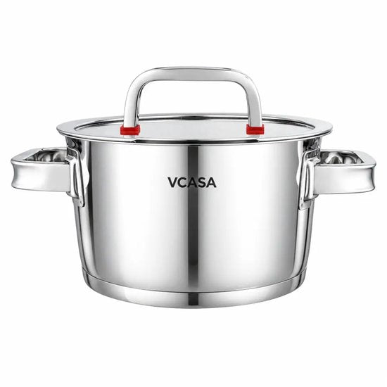 Vcasa rvs kookpan 18 cm met glazen afgietdeksel en maataanduiding, 2 liter