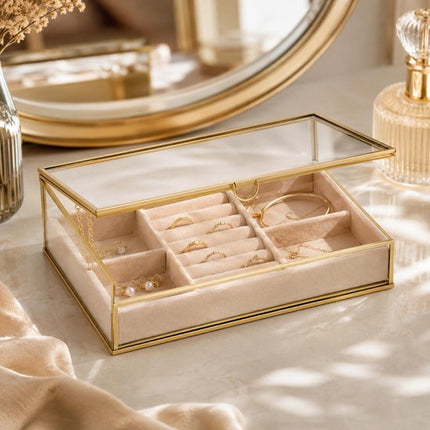 Atmosphera Sieradenkistje Classico - 24 x 14 x 7 cm - transparant/beige - Juwelenkistje met deksel - vakjes indeling - Luxe cadeau