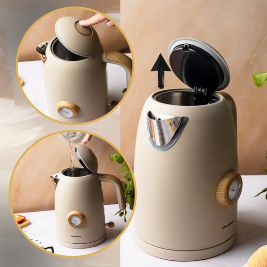 Klausberg - Waterkoker - Retro Waterkoker - Elektrische Waterkoker met Thermometer - Design Waterkoker met Houtkleur - Grote Waterkoker Keuken - Thee & Koffie Koker - 1.7L - RVS - 2200W - Beige