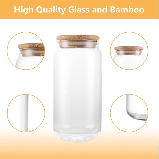 Trinkglas - Smoothie-Glas - Eiskaffee-Glas - Glas mit Bambusdeckel und Strohhalm - Wiederverwendbares Trinkglas - 550 ml - 16,1 x 7,7 cm - Transparent